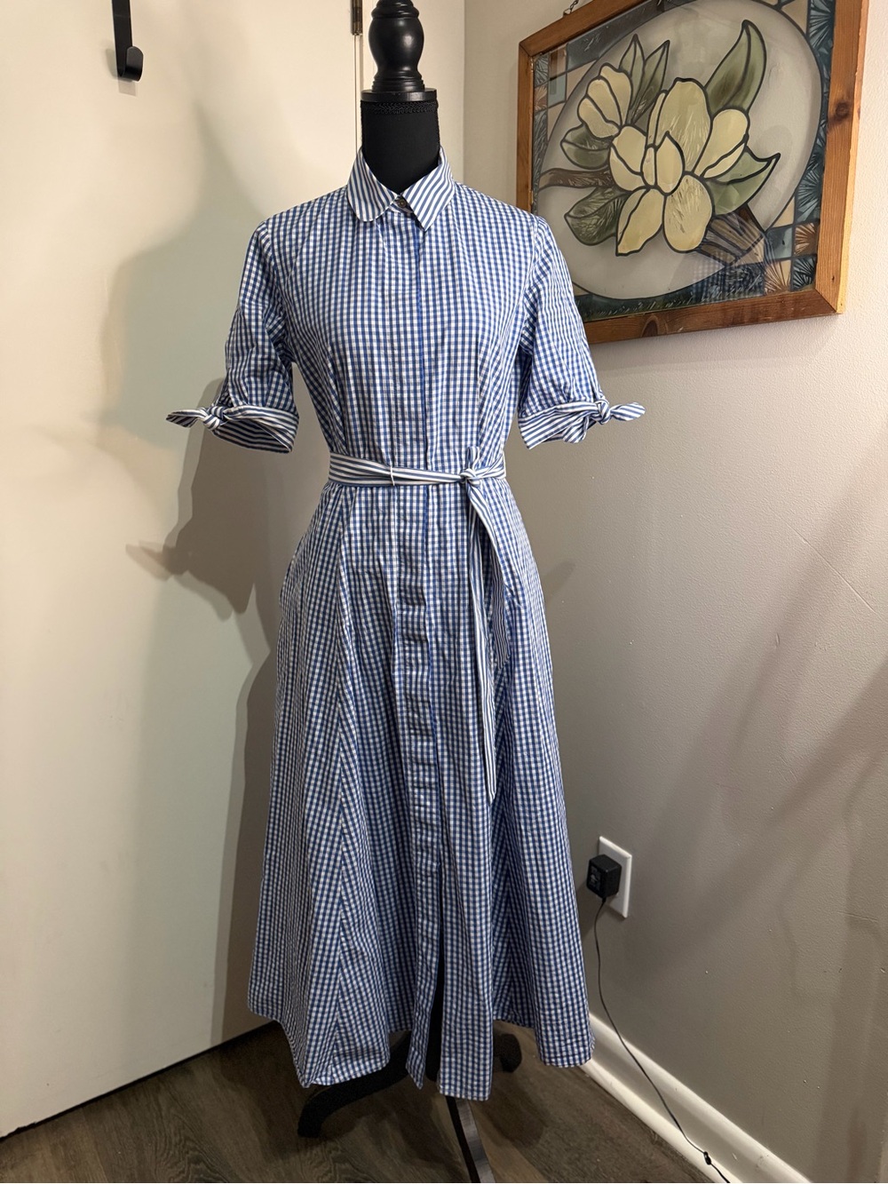 Calvin Klein Blue and White Gingham Midi Shirt Dress